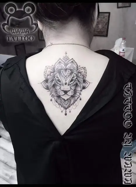 Black and grey mandala lion back piece — WA Tattoo, Las Vegas