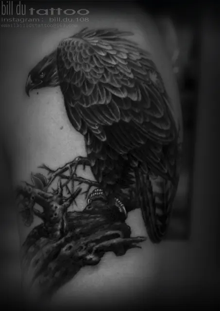 Black and grey realism eagle tattoo by Bill Du — WA Tattoo, Las Vegas