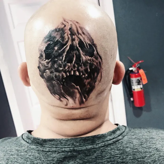 Black and grey skull scalp tattoo — WA Tattoo, Las Vegas