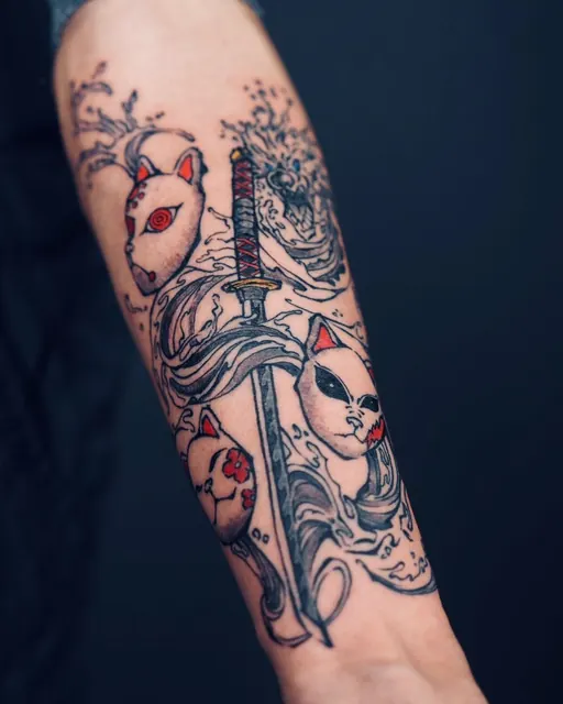 Black and grey theatre masks and sword sleeve tattoo by Daniel — WA Tattoo, Las Vegas