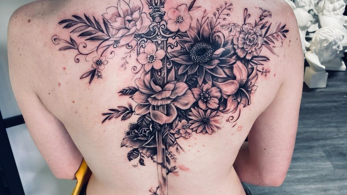 Detailed black and grey floral back tattoo — WA Tattoo, Las Vegas