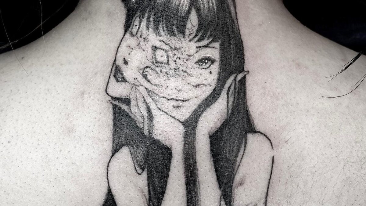 Black and grey anime portrait tattoo — WA Tattoo, Las Vegas