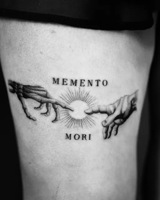 Fine-line Memento Mori hands and sun tattoo — WA Tattoo Las Vegas