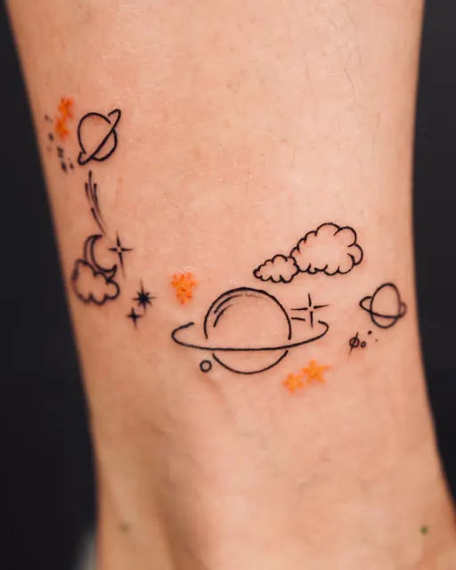 Fine-line planets and stars tattoo by Daniel — WA Tattoo, Las Vegas