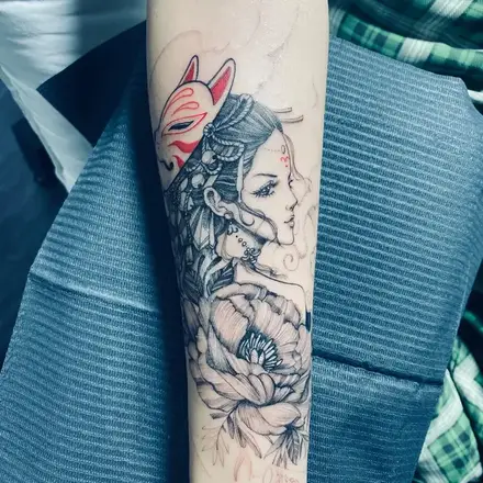 Kitsune fox mask and koi Irezumi sleeve — WA Tattoo Las Vegas