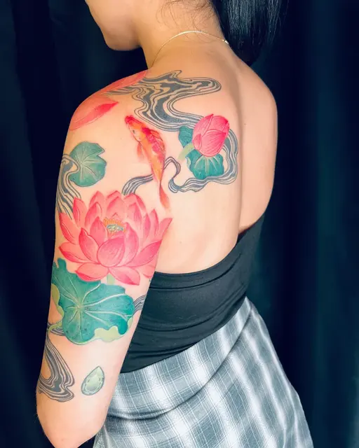 Cherry blossom, koi and lotus color tattoo — WA Tattoo Las Vegas