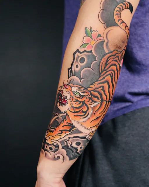Color Japanese sleeve tattoo with tiger and florals — WA Tattoo, Las Vegas