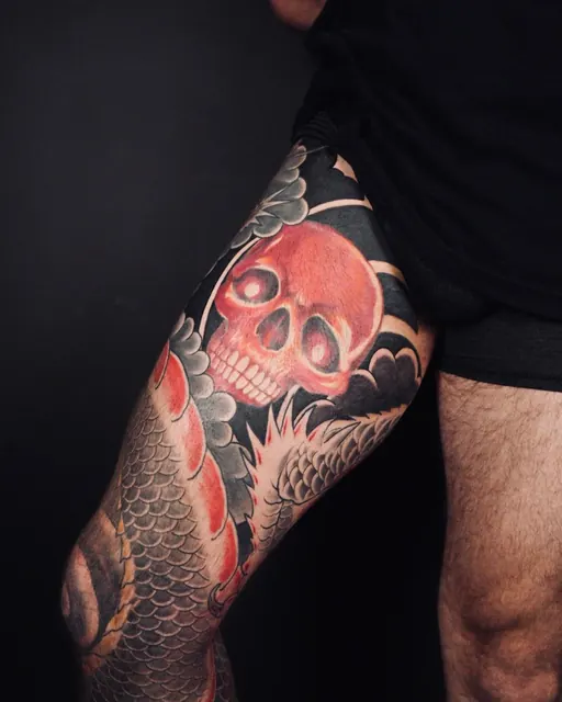 Color Japanese koi and skull sleeve tattoo — WA Tattoo, Las Vegas