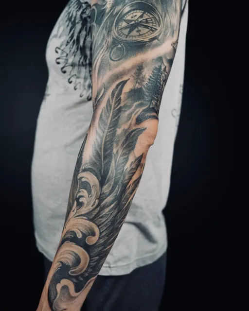 Black and grey Japanese wave and floral sleeve tattoo by Sahara — WA Tattoo, Las Vegas
