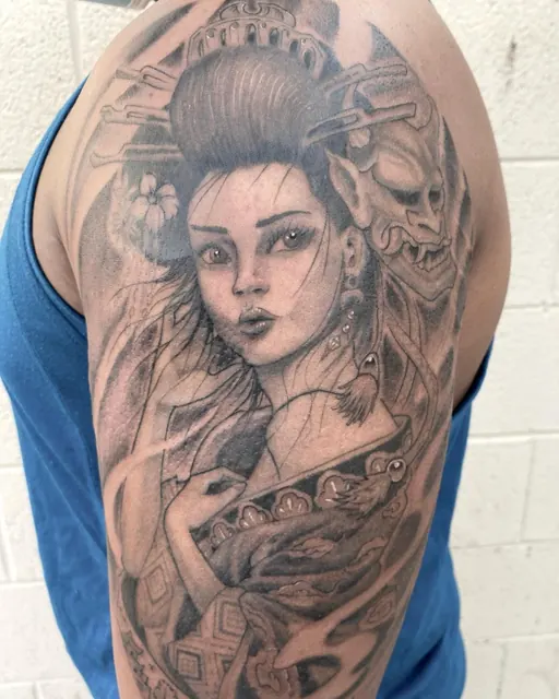 Black and grey Japanese geisha and hannya sleeve tattoo — WA Tattoo, Las Vegas