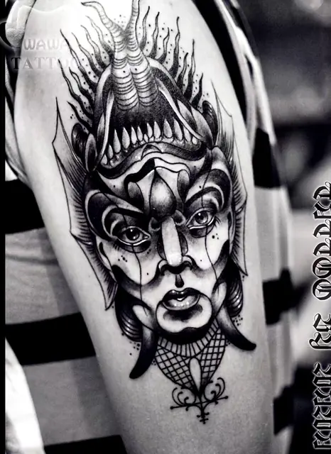 Japanese hannya mask color tattoo — WA Tattoo, Las Vegas
