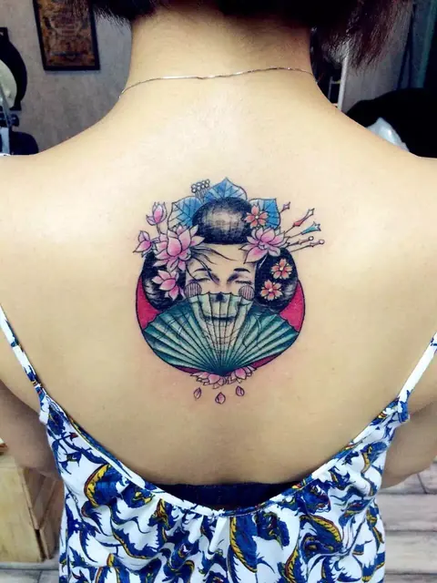 Color Japanese geisha back tattoo — WA Tattoo, Las Vegas