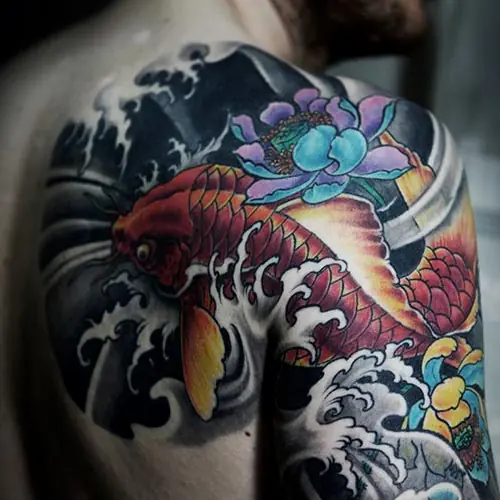 Japanese red koi, lotus and wave color tattoo — WA Tattoo, Las Vegas