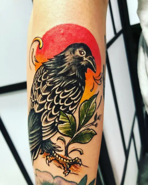 Neo-traditional falcon and red sun tattoo — WA Tattoo Las Vegas