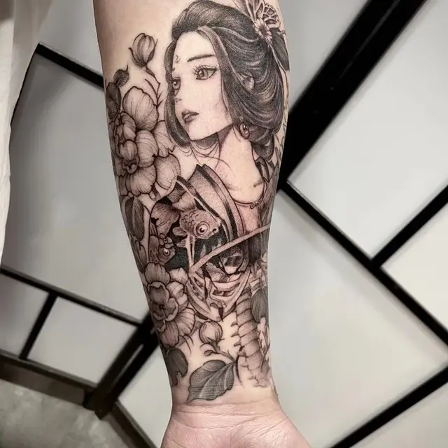 Black and grey geisha realism sleeve tattoo — WA Tattoo Las Vegas