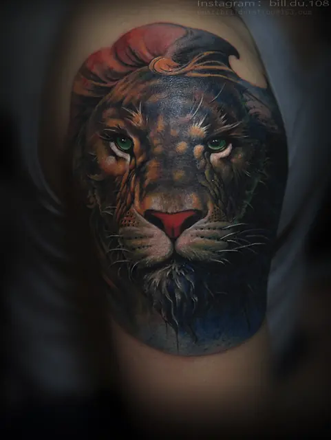 Full-color realism lion portrait tattoo by Bill Du — WA Tattoo, Las Vegas