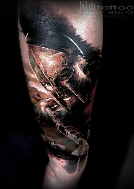 Color realism Spartan helmet tattoo by Bill Du — WA Tattoo, Las Vegas